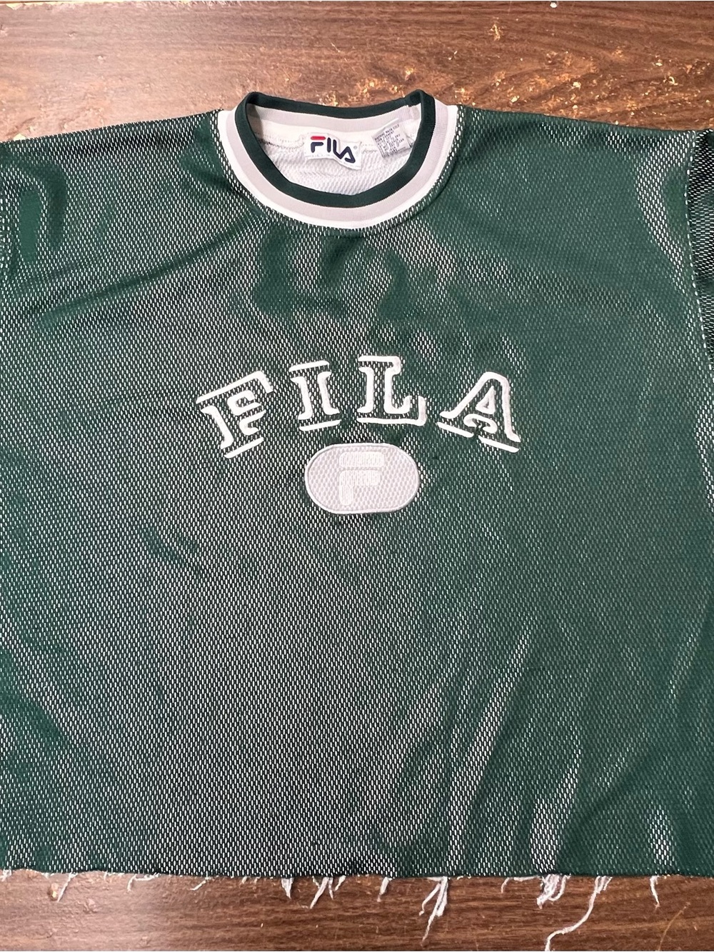 Vintage 90s FILA Green Mesh Jersey XL Cropped Spellout Streetwear
